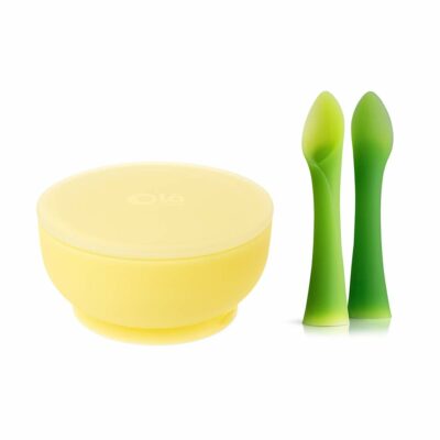 Olababy Silicone Training Spoon and Suction Bowl with Lid Bundle